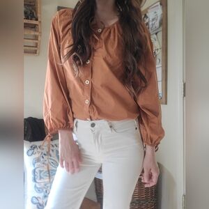 J.Crew Burnt Orange Puff Sleeve Peasant Button Blouse Size S 100% Cotton